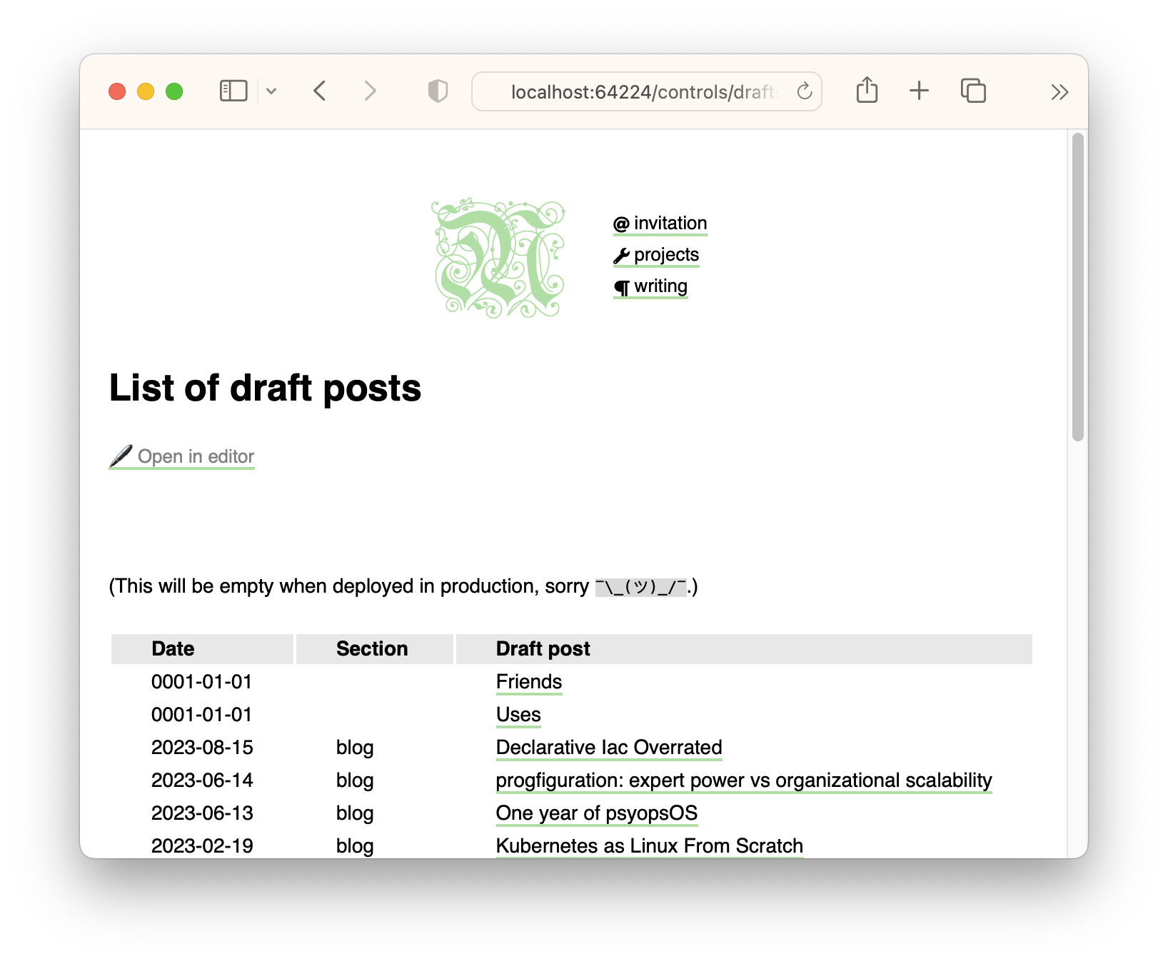Screenshot of the /controls/drafts page