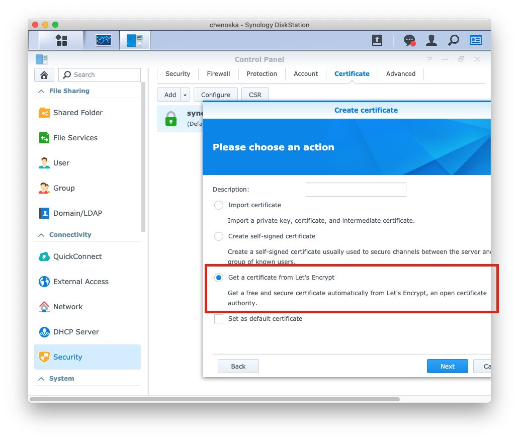 Screenshot of enabling Let's Encrypt in a Synology NAS